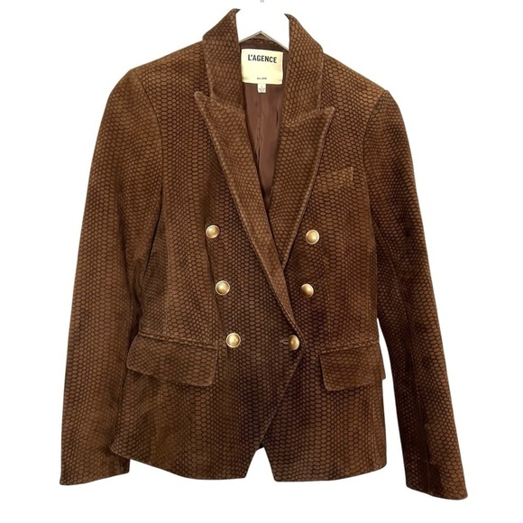 L'AGENCE Kenzie Double Breasted Lambskin Leather Snake Print Blazer Brown Size 2 - Picture 2 of 16